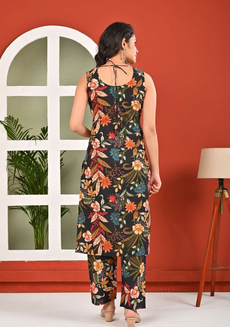 Black Printed Cotton Kurta Set - Indya