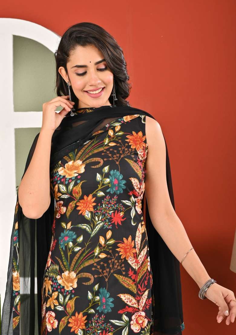 Black Printed Cotton Kurta Set - Indya