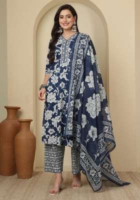 Blue Printed Cotton Kurta Set