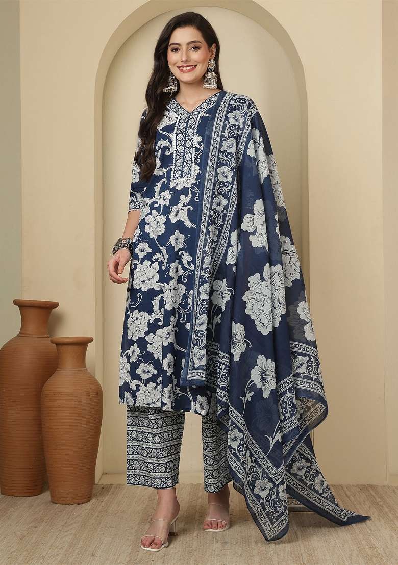 Blue Printed Cotton Kurta Set - Indya