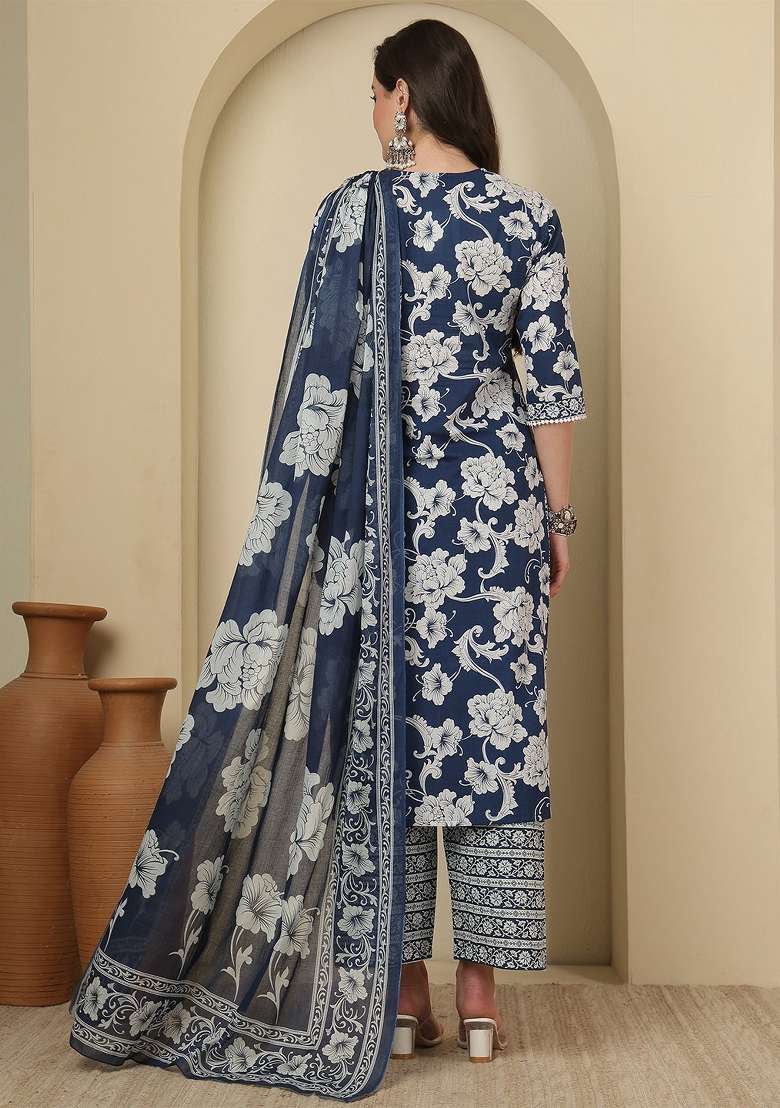 Blue Printed Cotton Kurta Set - Indya