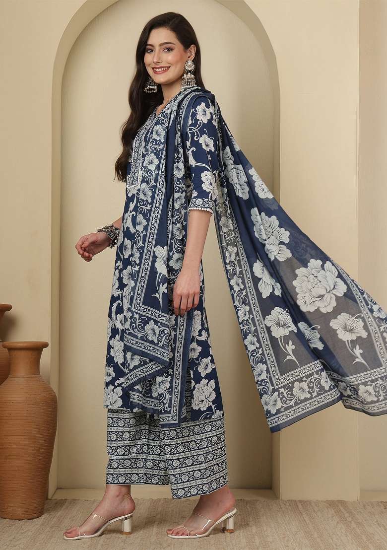 Blue Printed Cotton Kurta Set - Indya