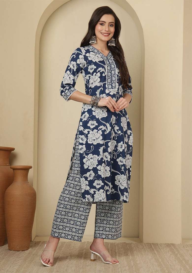 Blue Printed Cotton Kurta Set - Indya