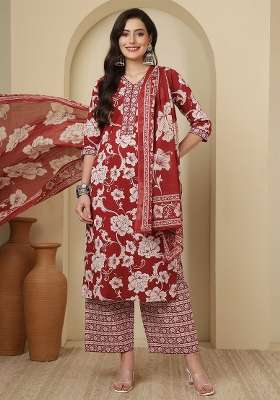 Maroon Printed Cotton Kurta Set