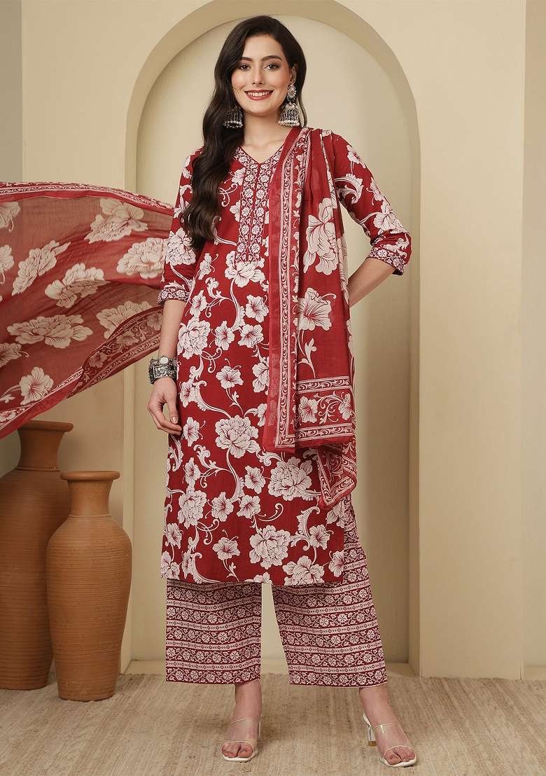 Maroon Printed Cotton Kurta Set - Indya
