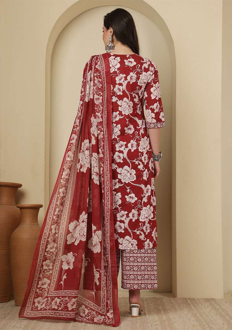 Maroon Printed Cotton Kurta Set - Indya