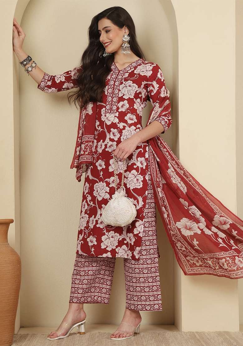 Maroon Printed Cotton Kurta Set - Indya