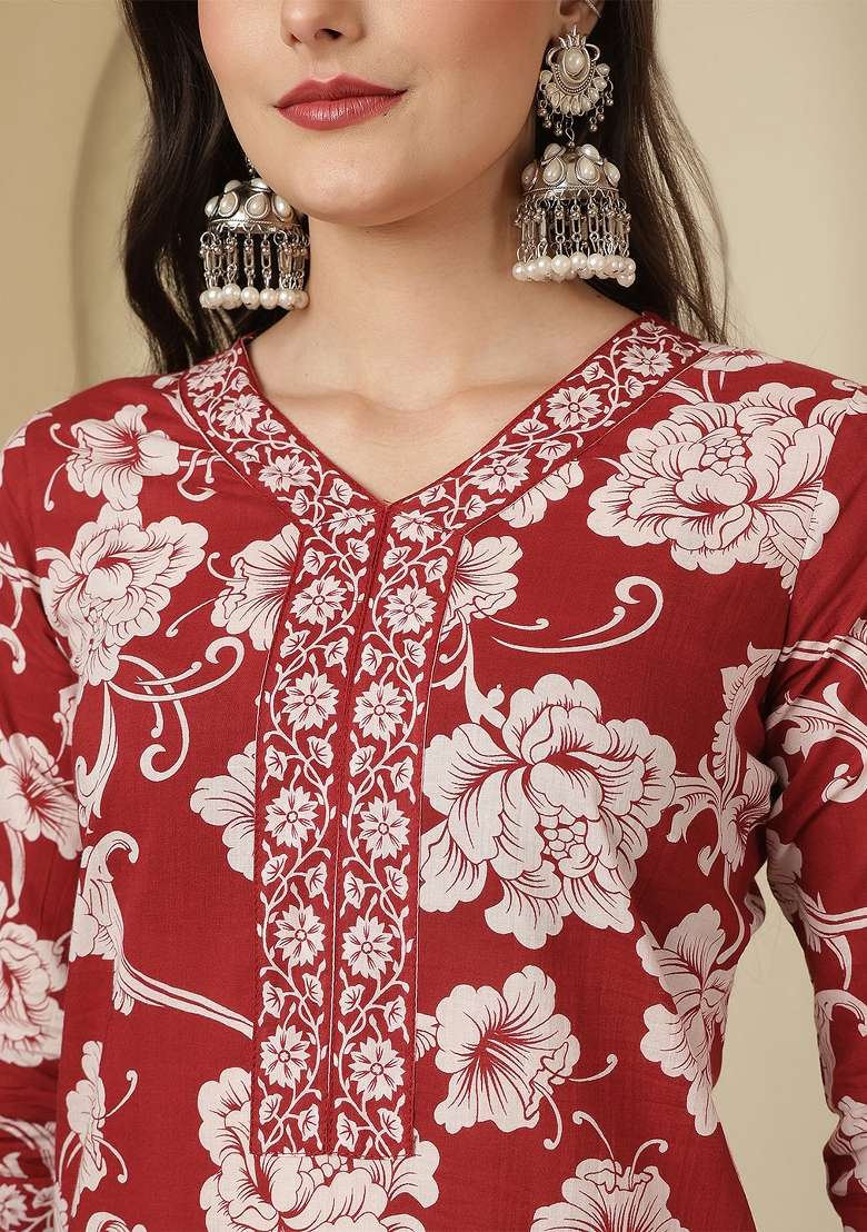 Maroon Printed Cotton Kurta Set - Indya
