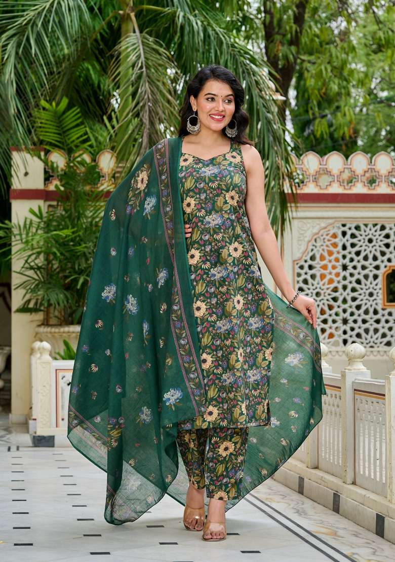 Green Printed Cotton Kurta Set - Indya