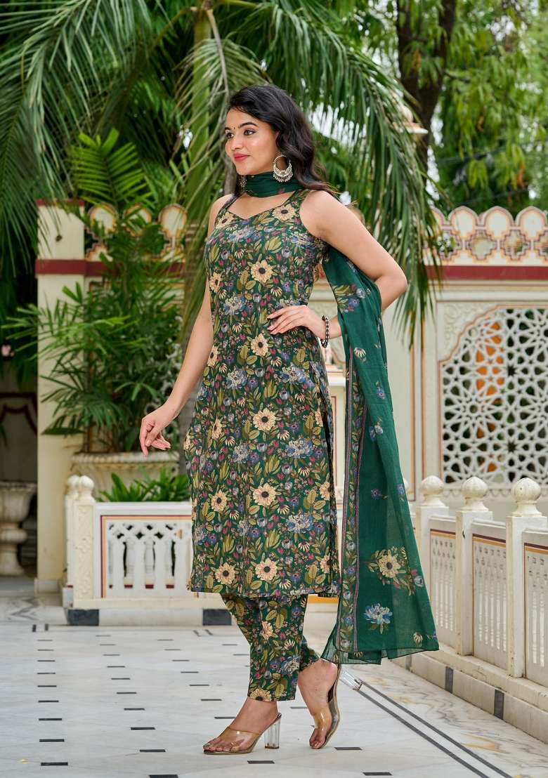 Green Printed Cotton Kurta Set - Indya