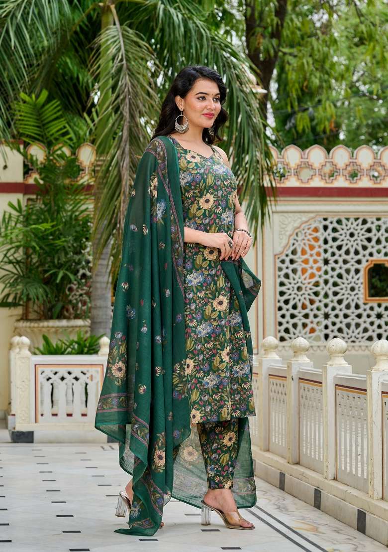 Green Printed Cotton Kurta Set - Indya