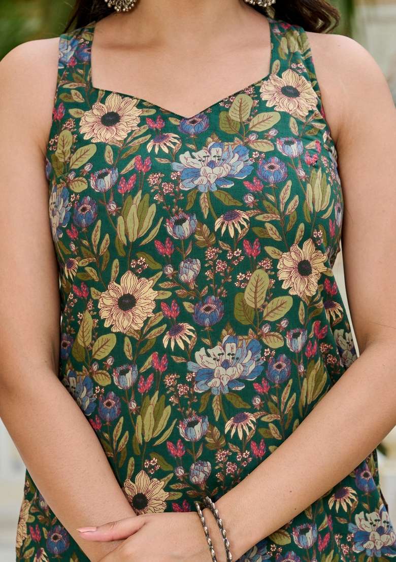 Green Printed Cotton Kurta Set - Indya