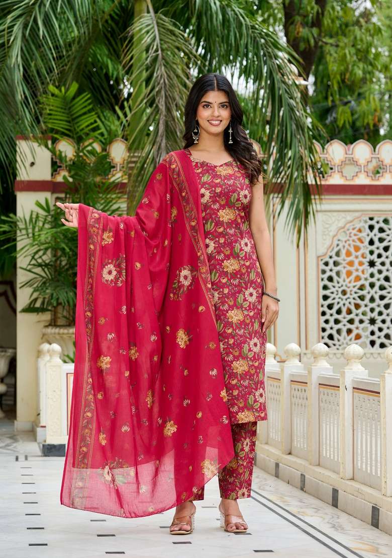 Pink Printed Cotton Kurta Set - Indya