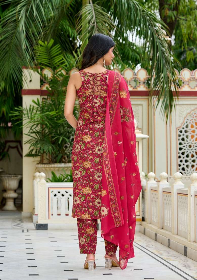 Pink Printed Cotton Kurta Set - Indya