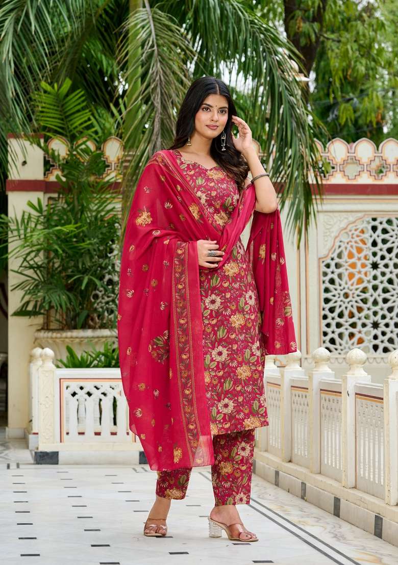 Pink Printed Cotton Kurta Set - Indya