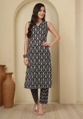 Black Printed Cotton Kurta Set