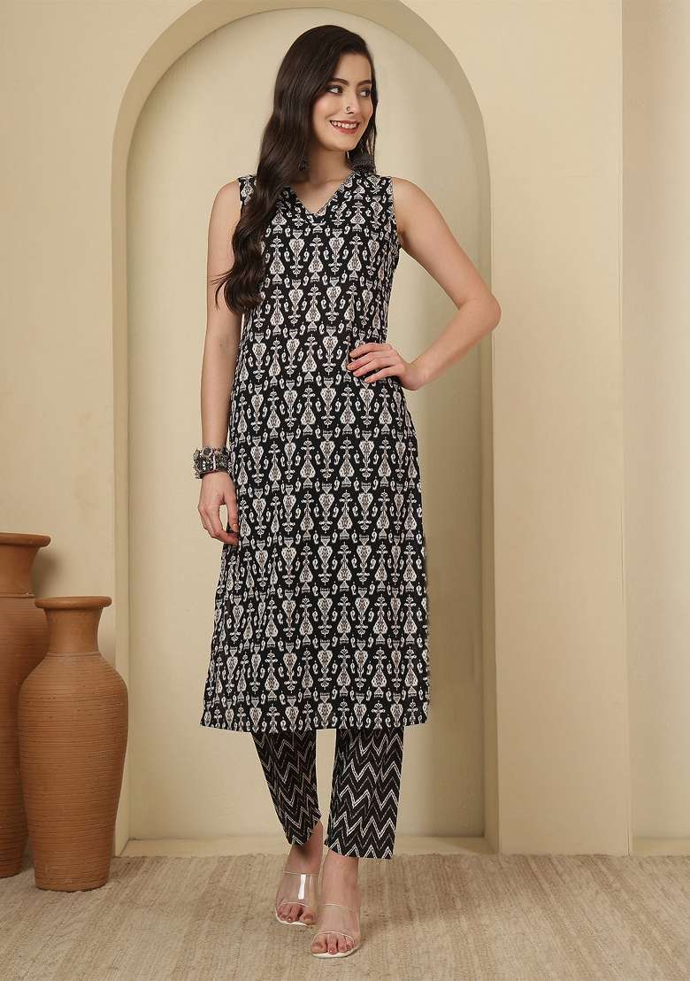 Black Printed Cotton Kurta Set - Indya