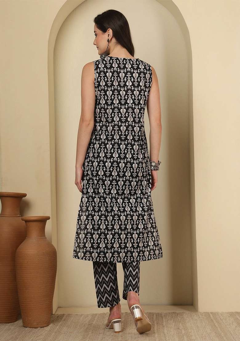 Black Printed Cotton Kurta Set - Indya