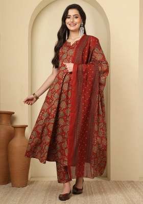 Maroon Printed Cotton Kurta Set