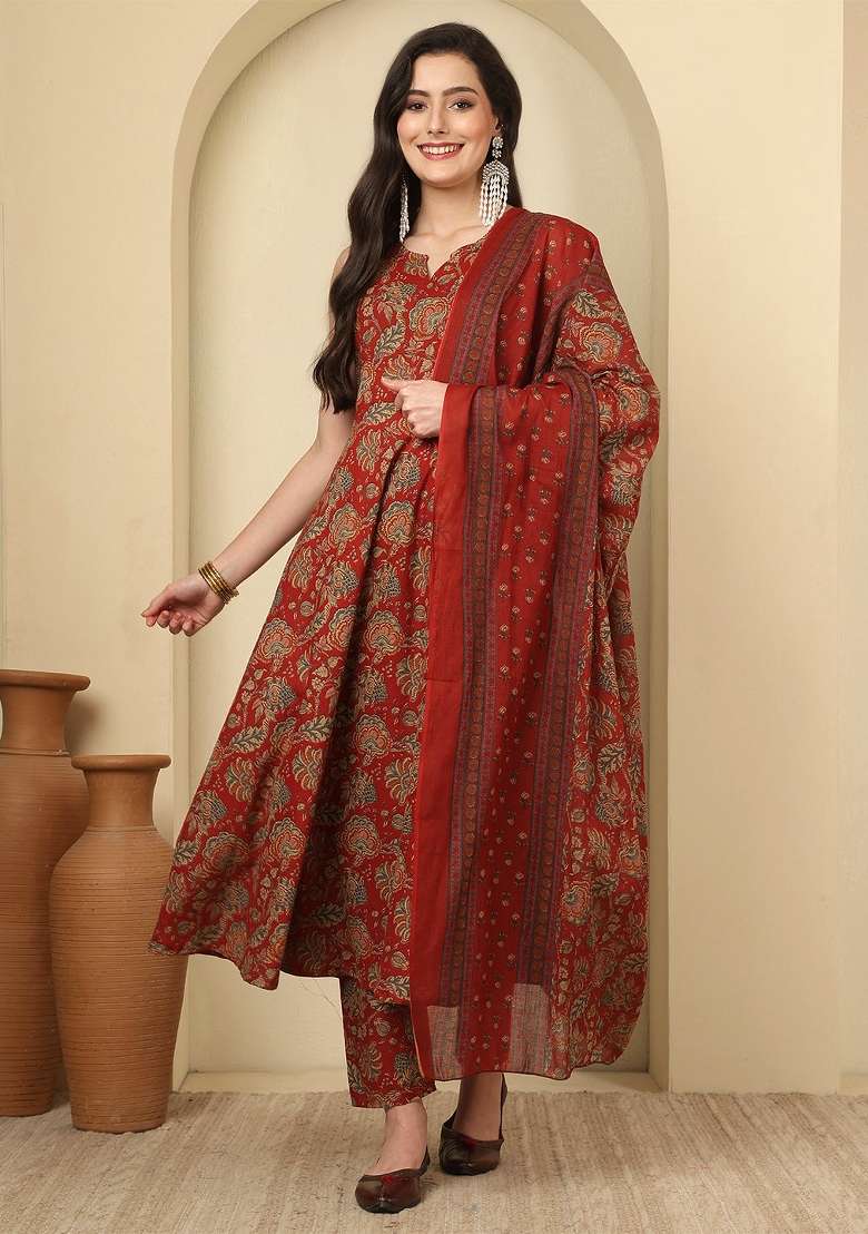 Maroon Printed Cotton Kurta Set - Indya