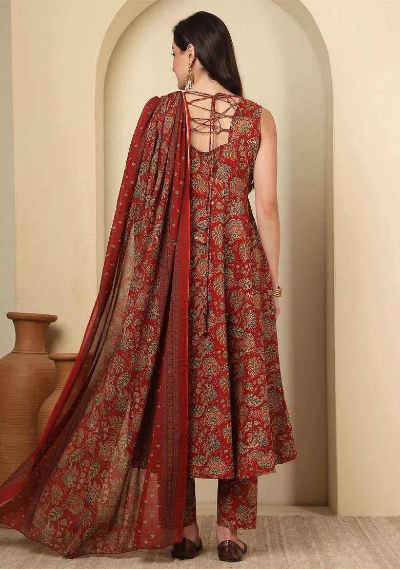 Maroon Printed Cotton Kurta Set - Indya