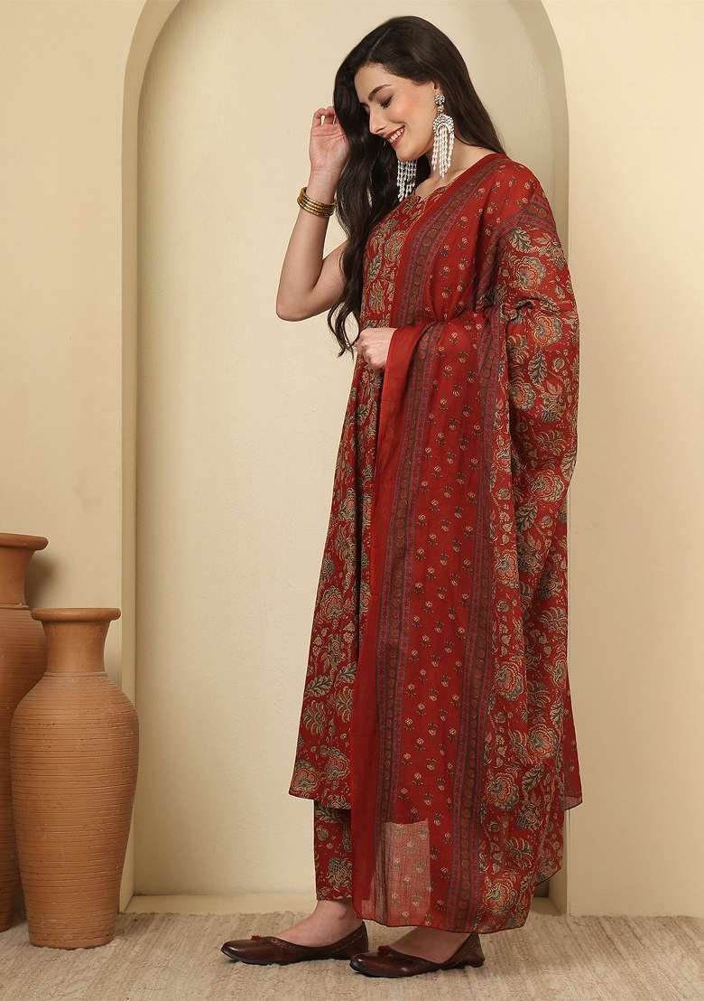 Maroon Printed Cotton Kurta Set - Indya