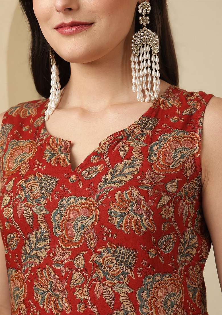 Maroon Printed Cotton Kurta Set - Indya