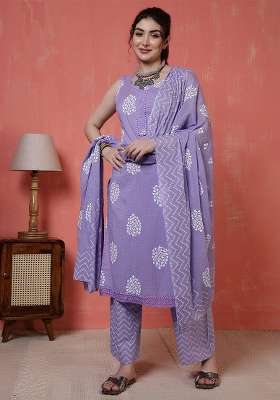 Purple Printed Cotton Kurta Set