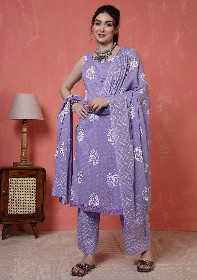 Purple Printed Cotton Kurta Set - Indya