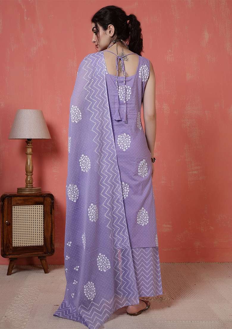 Purple Printed Cotton Kurta Set - Indya