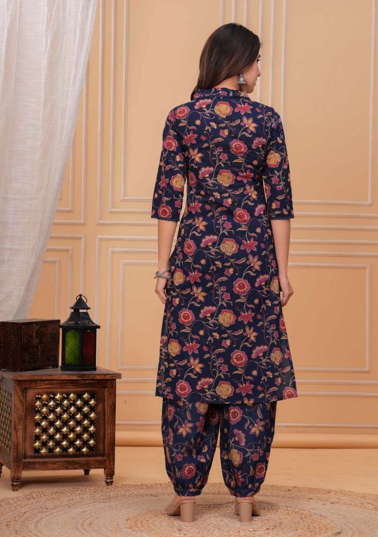 Blue Printed Cotton Kurta Set - Indya