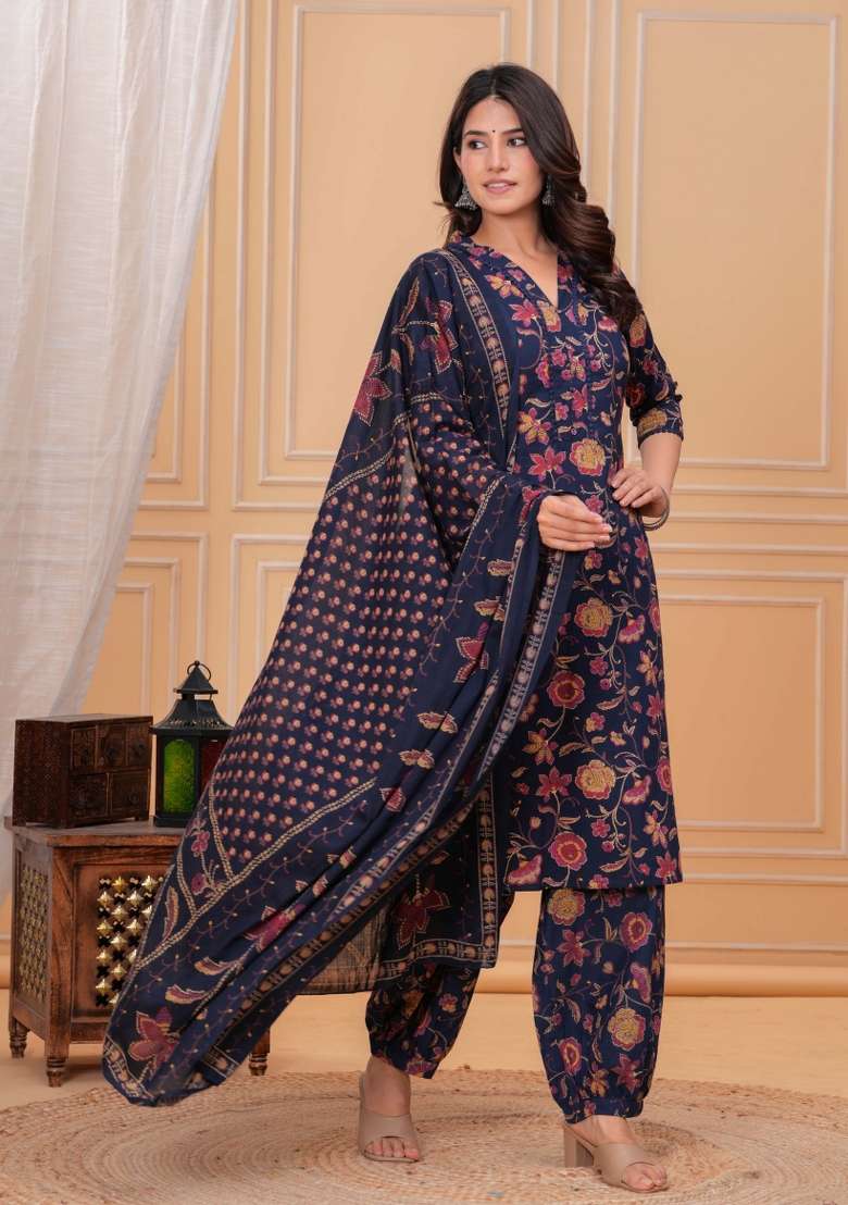 Blue Printed Cotton Kurta Set - Indya