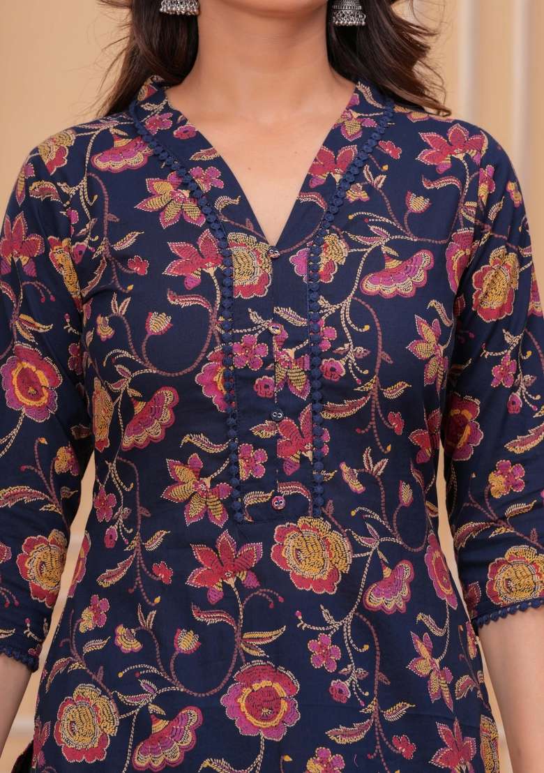 Blue Printed Cotton Kurta Set - Indya