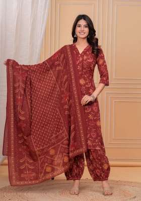 Maroon Printed Cotton Kurta Set