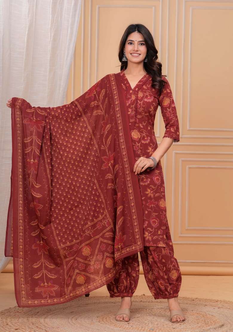 Maroon Printed Cotton Kurta Set - Indya