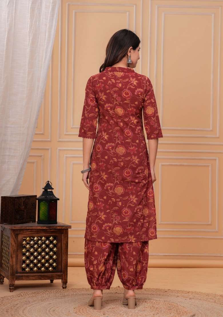 Maroon Printed Cotton Kurta Set - Indya