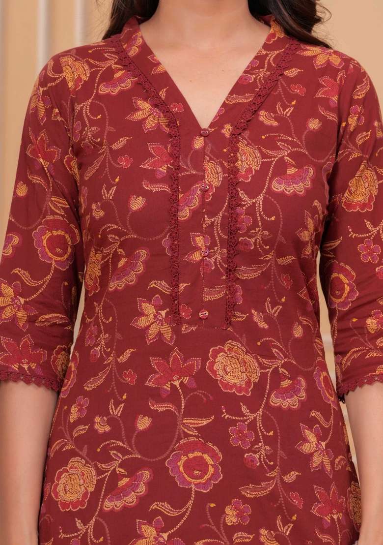 Maroon Printed Cotton Kurta Set - Indya