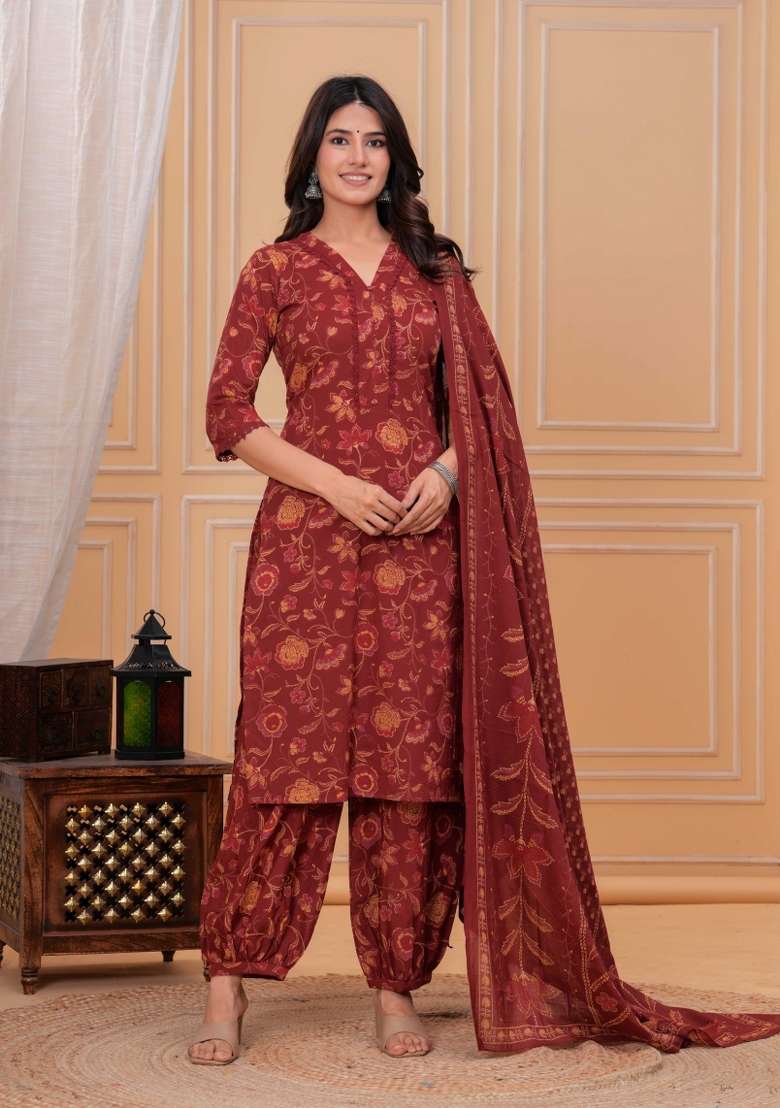 Maroon Printed Cotton Kurta Set - Indya