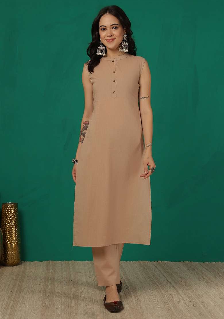 Beige Plain Cotton Kurta Set - Indya