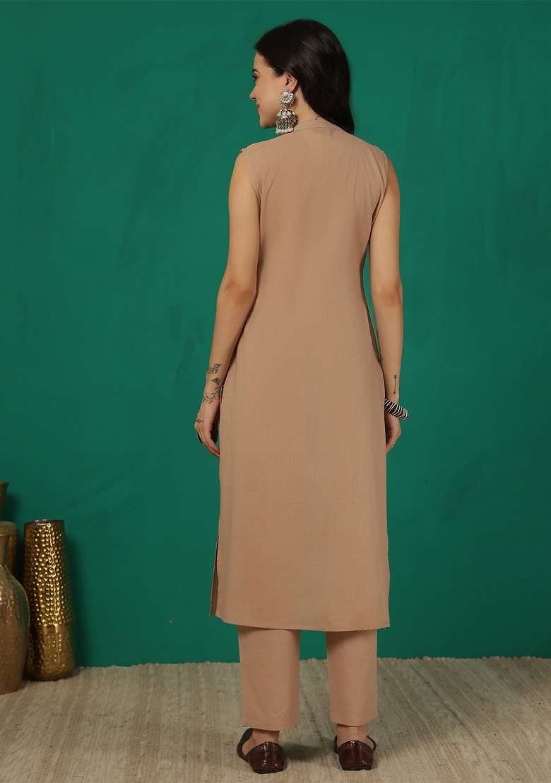 Beige Plain Cotton Kurta Set - Indya