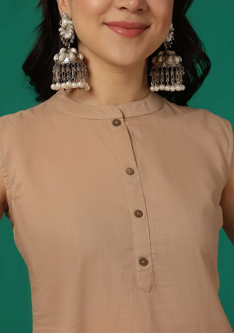 Beige Plain Cotton Kurta Set - Indya