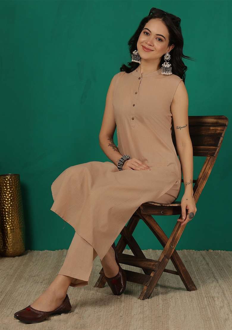 Beige Plain Cotton Kurta Set - Indya