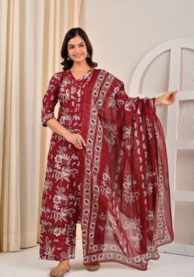 Burgundy Printed Cotton Kurta Set