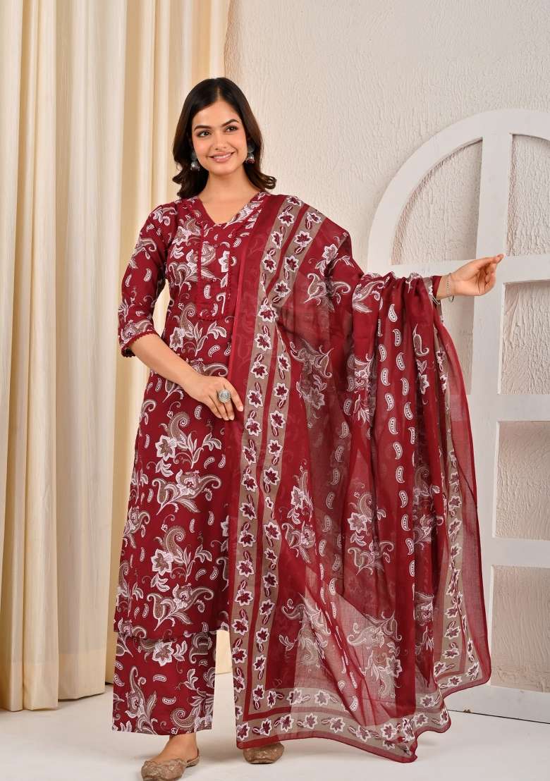 Burgundy Printed Cotton Kurta Set - Indya
