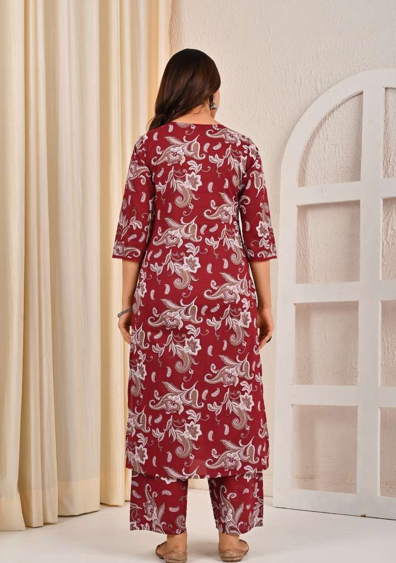 Burgundy Printed Cotton Kurta Set - Indya