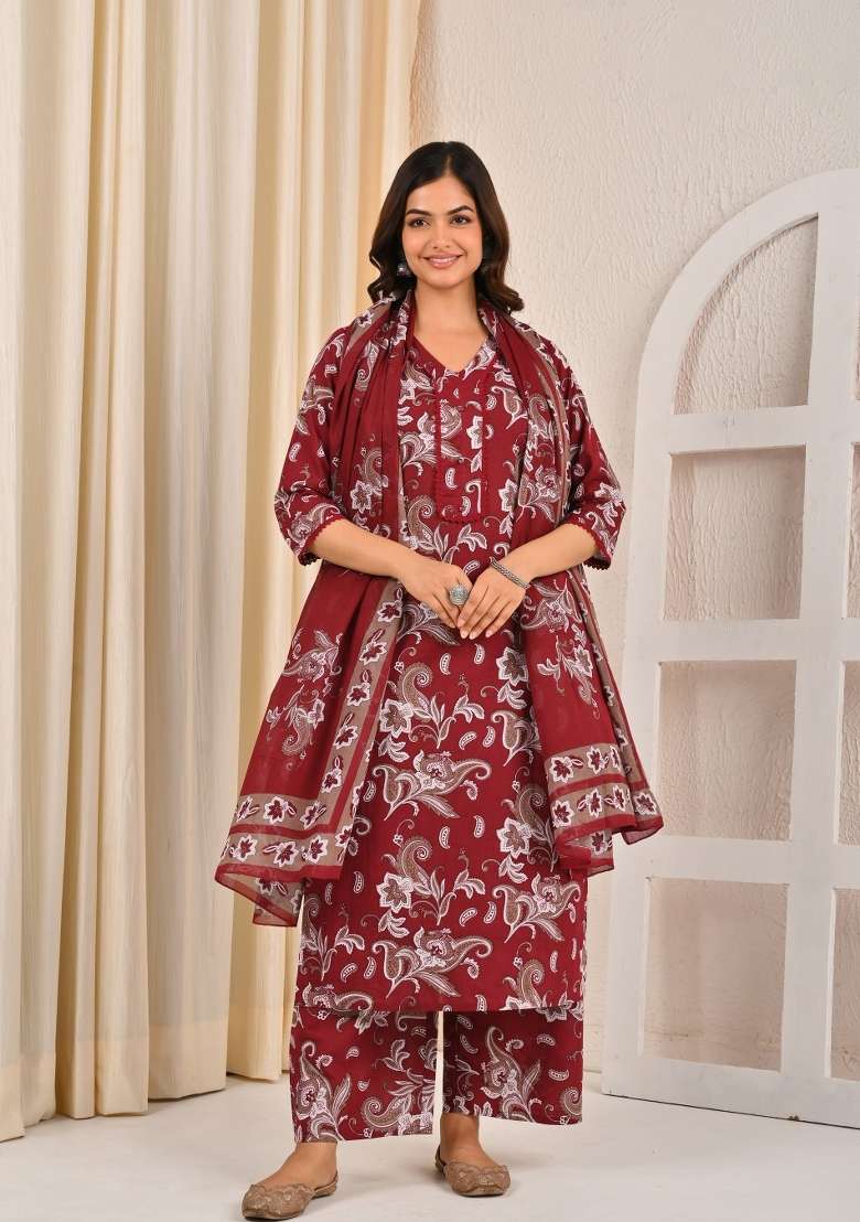 Burgundy Printed Cotton Kurta Set - Indya