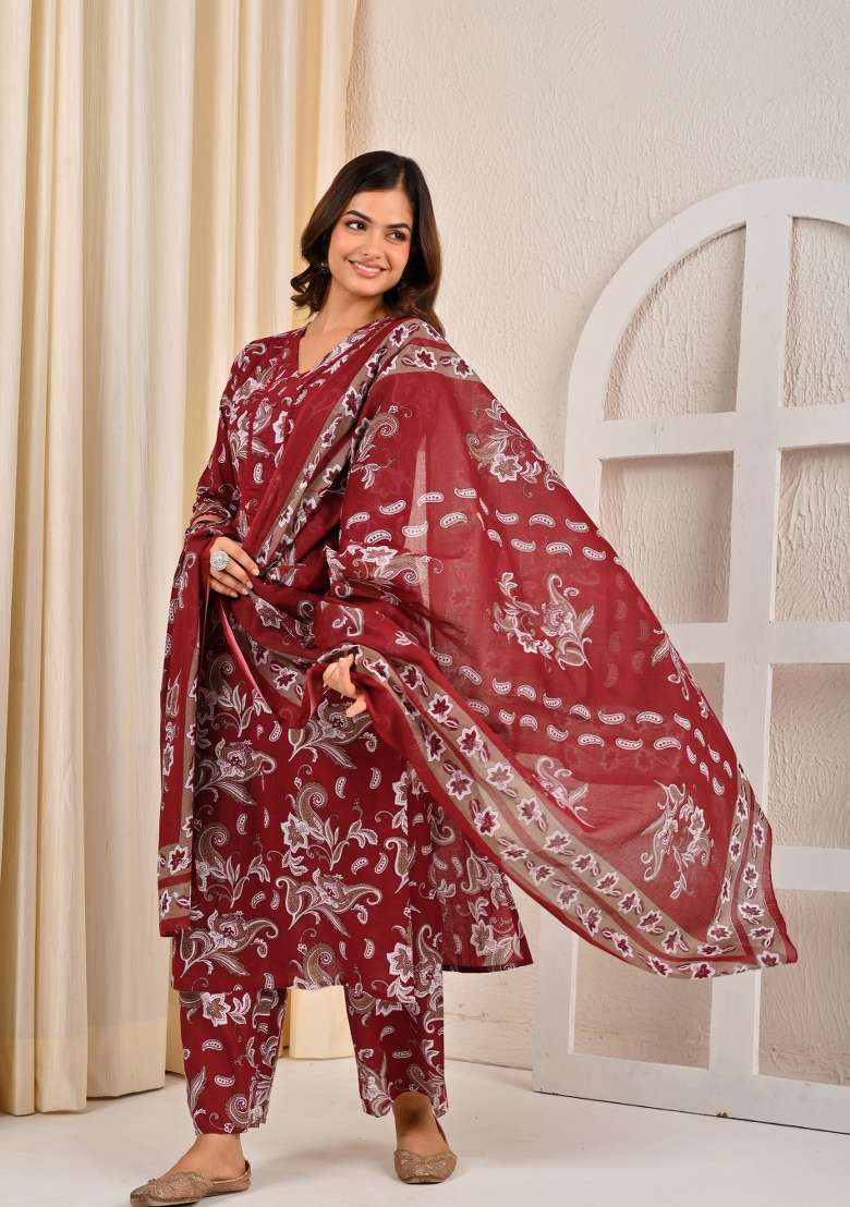 Burgundy Printed Cotton Kurta Set - Indya