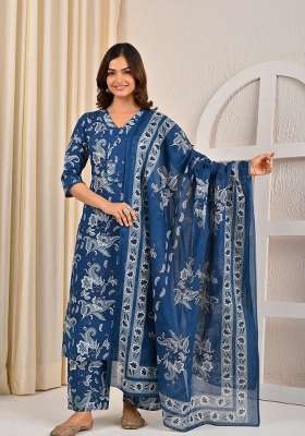 Blue Printed Cotton Kurta Set