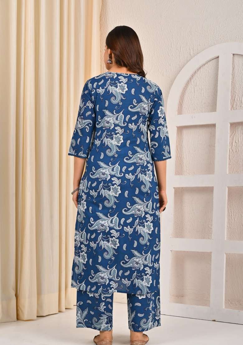 Blue Printed Cotton Kurta Set - Indya