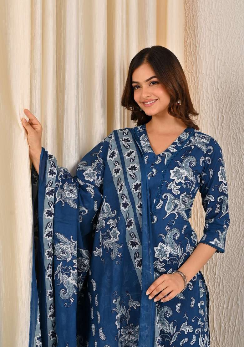 Blue Printed Cotton Kurta Set - Indya